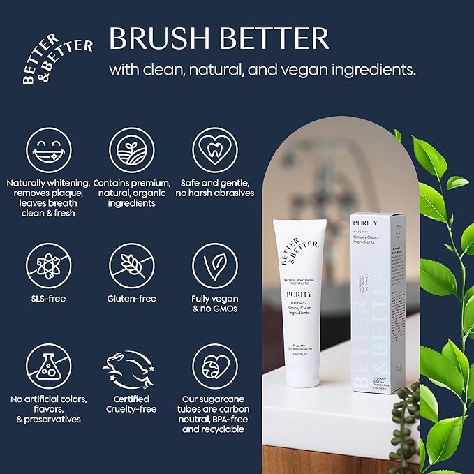 Better & Better Purity Toothpaste | Natural Whitening Toothpaste Without Additives | Organic, Vegan, Fluoride & SLS Free | Coconut-Based Formula w/Fresh Mint Flavor | 3.4oz, 1 Pack-Ruum Studio Home