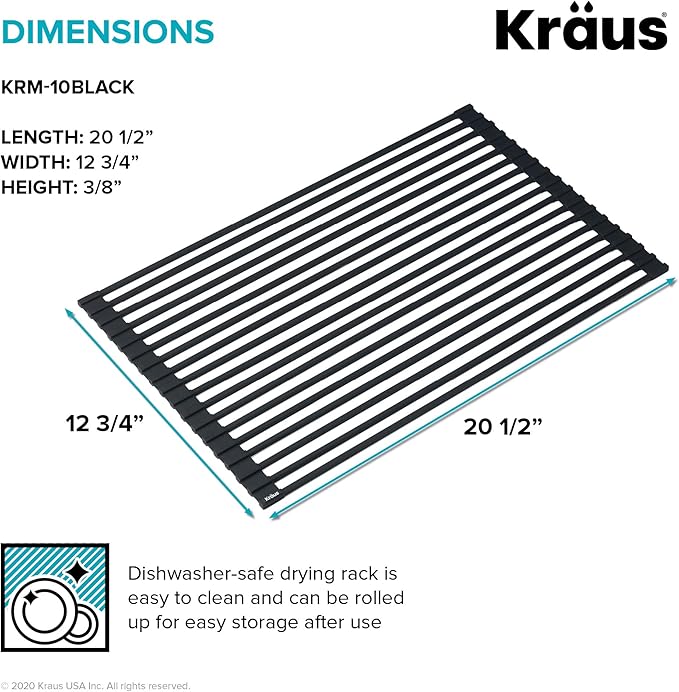 Kraus Roll Up Dish Drying Rack with Self-Draining Silicone Dish Drying Mat and Silicone Soap Dish Holder in Black, KDM-KRM-10BL-Ruum Studio Home