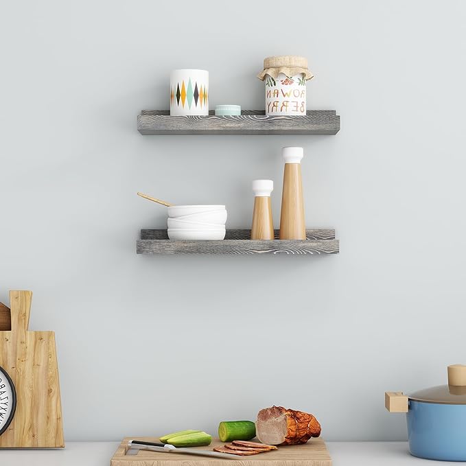 Picture Ledge Wall Shelves 16 inch Width Set of 2, Solid Pine Wood Rustic Floating Ledge Shelves for Wall for Kids' Room Bedroom Kitchen Bathroom Living Room Nursery Display Wall Decor, Grey-Ruum Studio Home