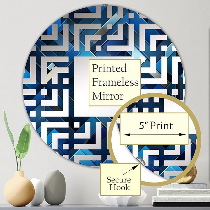 Symmetric Cubes in Deep Cobalt Blue - Geometric Maze - 24 Inches - Round Decorative Wall Mirror for Bathroom, Bedroom, Entryway, Living Room, Vanity Room and Modern Décor-Ruum Studio Home