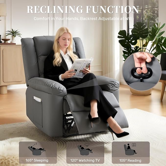 Recliner Chair with Massage & Heat, 8 Vibration Points, 5 Modes, 115-165° Reclining, Manual Recliner for Adults, Timer & Intensity Control, Faux Leather Massage Chair with Side Pocket for Living Room-Ruum Studio Home