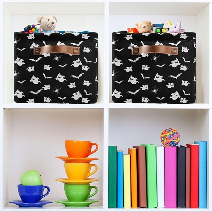 Storage Basket Bin Halloween Ghost and Bat Organizer Basket Collapsible Shelf Basket Cube with handle for Nursery Bedroom Bathroom (white 26)-Ruum Studio Home