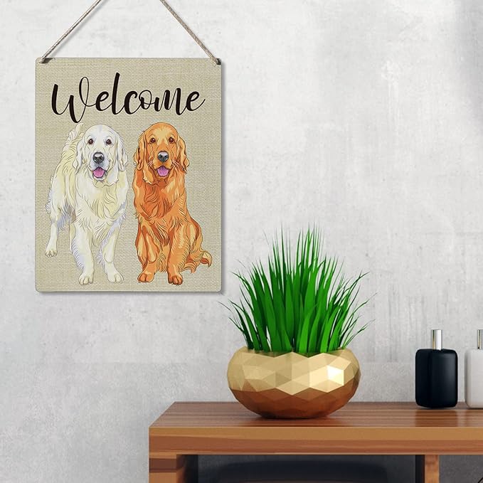 Qious Welcome Sign Gift Farmhouse Welcome Golden Retriever Wooden Hanging Sign Plaque Modern Wall Art Decor for Home Decoration 10 x 8 Inches-Ruum Studio Home
