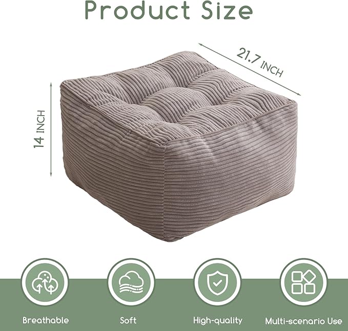 HIGOGOGO Square Stuffed Pouf Ottoman, Corduroy Poufs with Foam Chunk Filling, Furry and Fluffy Pouf Foot Stool Storage Ottoman, 21 X 21 Floor Poufs Foot Rest for Living Room, Grey-Ruum Studio Home