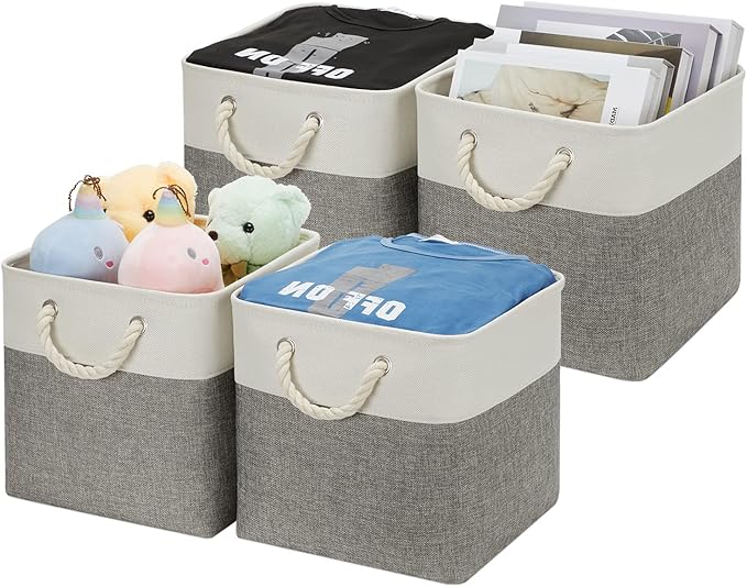 DULLEMELO Cube Storage Bins Set of 4 Fabric Storage Cubes Organizer Bin with Handles, Collapsible 12 Inch Cube Storage Baskets for Organizing, Closet, Shelf, Nursery (White&Grey)-Ruum Studio Home