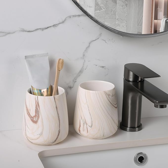 2Pcs Toothbrush Holder for Bathroom - Marble Brown Ceramic Tooth Brushing Holders Set, Toothbrush Cup & Toothpaste Organizer for Bathroom Countertop, Makeup Brush Holder, Pen Holder for Home Storage-Ruum Studio Home
