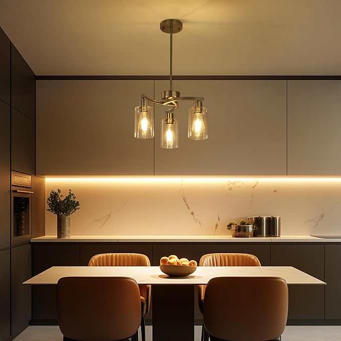 3-Light Brushed Nickel Pendant Lighting for Kitchen Island, Hanging Dining Room Light Fixtures Over Table, Industrial Chandelier for Entryway Hallway Foyer Bedroom, Clear Glass Shade-Ruum Studio Home