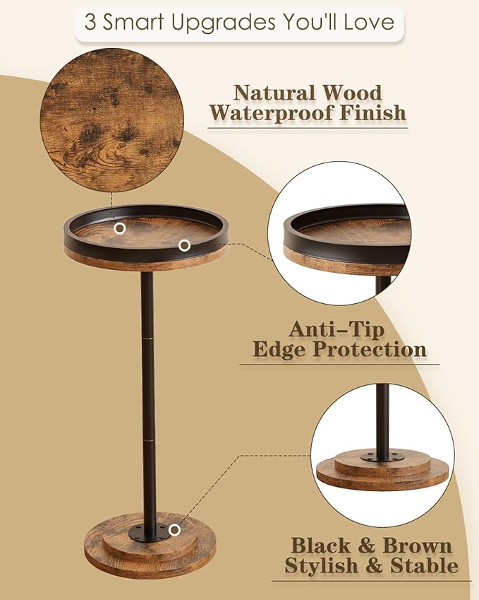 Masupu Drink Table, Round Side Table for Small Spaces, Pedestal Small End Table with Metal Base, for Living Room, Bedroom, Bathroom, Rustic Brown+Black(Lip)-Ruum Studio Home