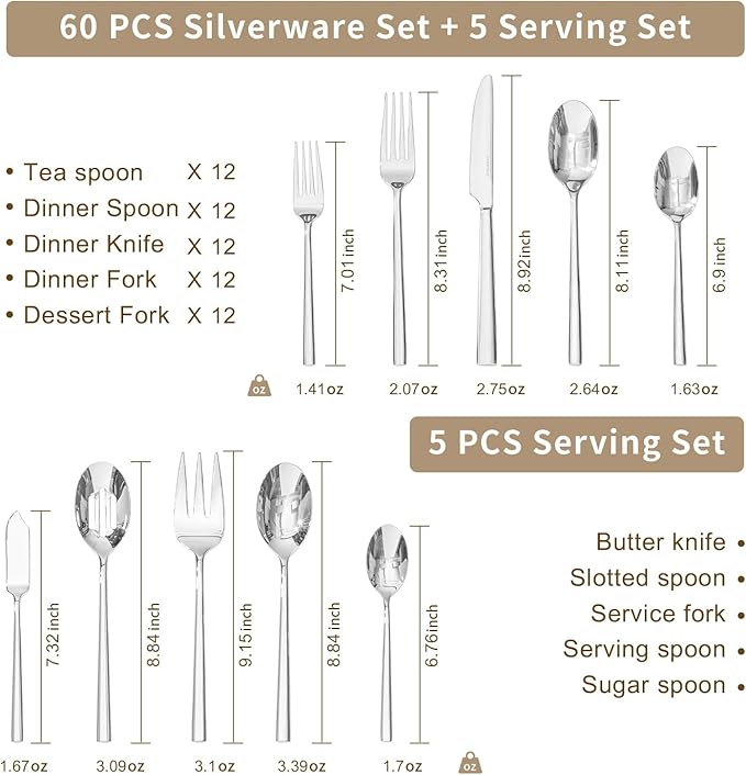KINGSTONE Silverware Set with Serving Utensils, 65-Piece Forged Flatware Set Cutlery Set Premium Stainless Steel, Service for 12, for Kitchen, Home, Wedding, Party, Mirror Polished and Dishwasher Safe-Ruum Studio Home