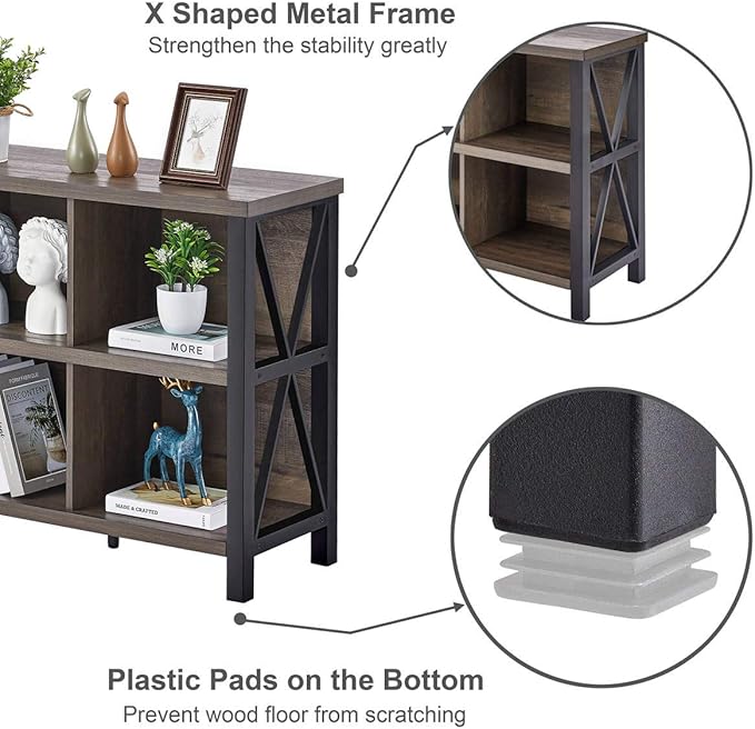 FATORRI Rustic 6 Cube Storage Organizer with Shelf, Wood and Metal Cubby Bookcase, Industrial Horizontal Bookshelf for Living Room, Home Office (Walnut Brown, 47 Inch)-Ruum Studio Home