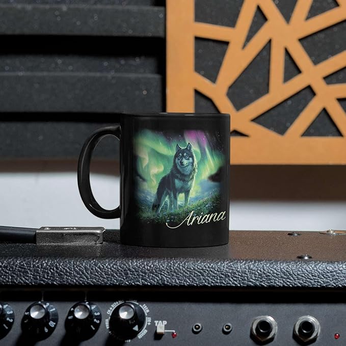 Personalized Husky With Northern Lights Coffee Mug, Custom Name Black Cup 11oz 15oz, Customized Cute Husky Dog Ceramic Mug, Gift For Animal Lovers, Beautiful Landscape Keepsake Cup-Ruum Studio Home