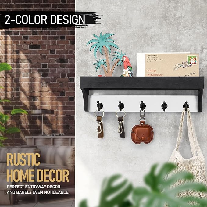Rebee Vision Key Holder Wall Mount with Shelf - Decorative 2-Color Key Rack with 5 Rustic Key Hooks and Primitive Wood Mail Organizer Wall Mount - Modern Farmhouse Entryway Decor (Black & White)-Ruum Studio Home