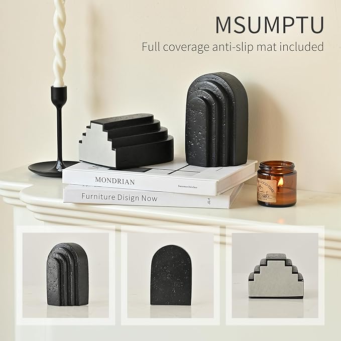 Decorative Bookends for Shelves, Set of 2 Book Ends for Heavy Books, Layered Arch Design Black Bookend-Ruum Studio Home