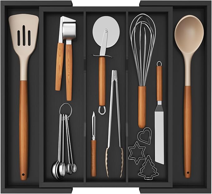 Lifewit Utensil Organizer for Kitchen Drawer, Expandable Cooking Utensil Tray, Bamboo Cutlery Silverware Flatware Holder, Adjustable Spatula Tools and Gadgets Storage Divider, Large, Black-Ruum Studio Home