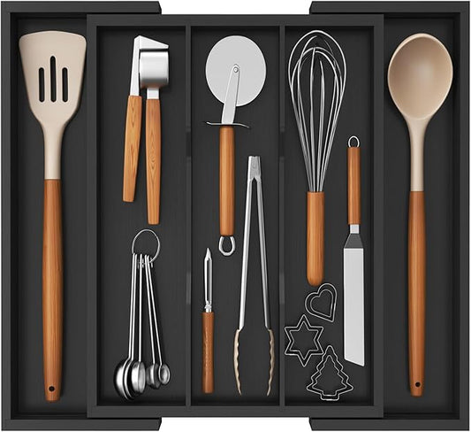 Lifewit Utensil Organizer for Kitchen Drawer, Expandable Cooking Utensil Tray, Bamboo Cutlery Silverware Flatware Holder, Adjustable Spatula Tools and Gadgets Storage Divider, Large, Black-Ruum Studio Home