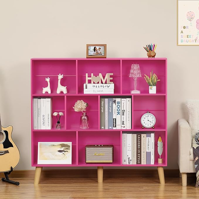 LEYAOYAO 10 Cube Bookshelf,3 Tier Modern Wide Bookcase with Legs,Mid-Century Wood Bookshelves Storage，Pink Large Book Case,Freestanding Organizer Display Shelf for Bedroom,Living Room,Office-Ruum Studio Home