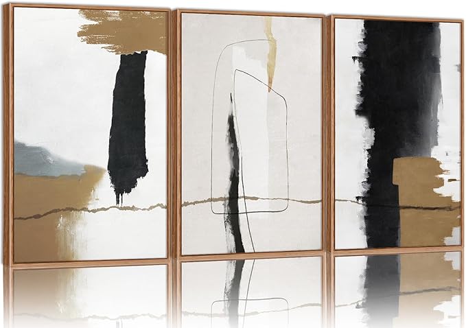 SIGNINART Black and White Abstract Framed Canvas Wall Art Set of 3, Beige Neutral Art Prints, Minimalist Modern Wall Decor for Living Room, Bedroom, Office,Above Couch 16"x24"x3-Ruum Studio Home