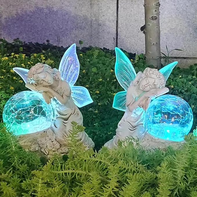 Fairy Garden Statue ，Solar Garden Decor ，Fairy Statue Outdoor with Glass Ball ，Waterproof Outdoor Decor，Suitable for Yard, Lawn ，Ideal for Holiday Giving (Left)-Ruum Studio Home