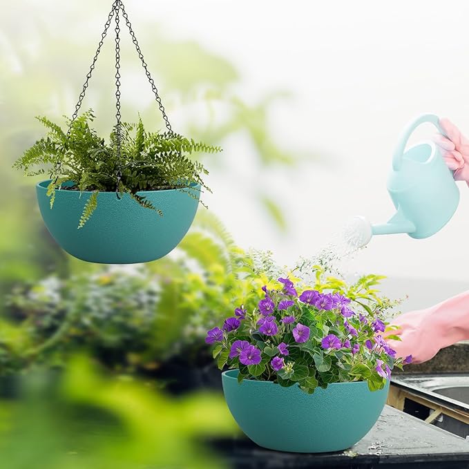 10 inch Hanging Planters for Outdoor Indoor Plants with Drainage Holes and Chain, 2 Pack Round Hanging Flower Pots for Garden Home Porch Decor, Blue Green-Ruum Studio Home