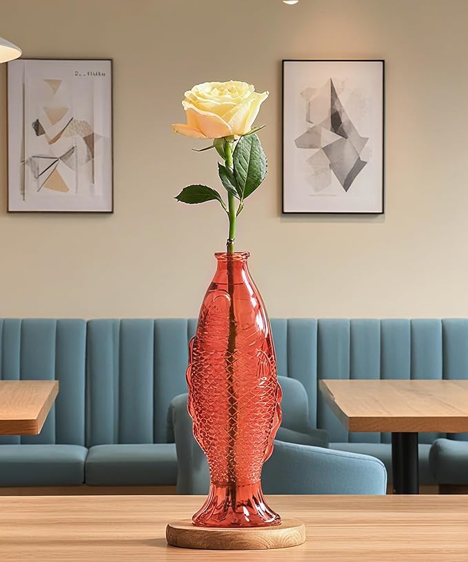 Nacome Fish Vase Glass Plant Terrarium with Wooden Stand,Planter Propagation Station for Home Office Hydroponics Desk Decoration,Unique Gardening Gifts for Plant Lovers Women Mom(Red)-Ruum Studio Home