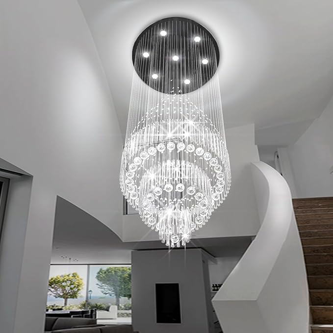 Flashing God D24''XH86'' Modern Foyer Chandelier for High Ceiling Raindrop Crystal Chandelier High Ceiling Pendant Light Fixture for Hallway Living Room (Black Staircase Chandeliers)-Ruum Studio Home