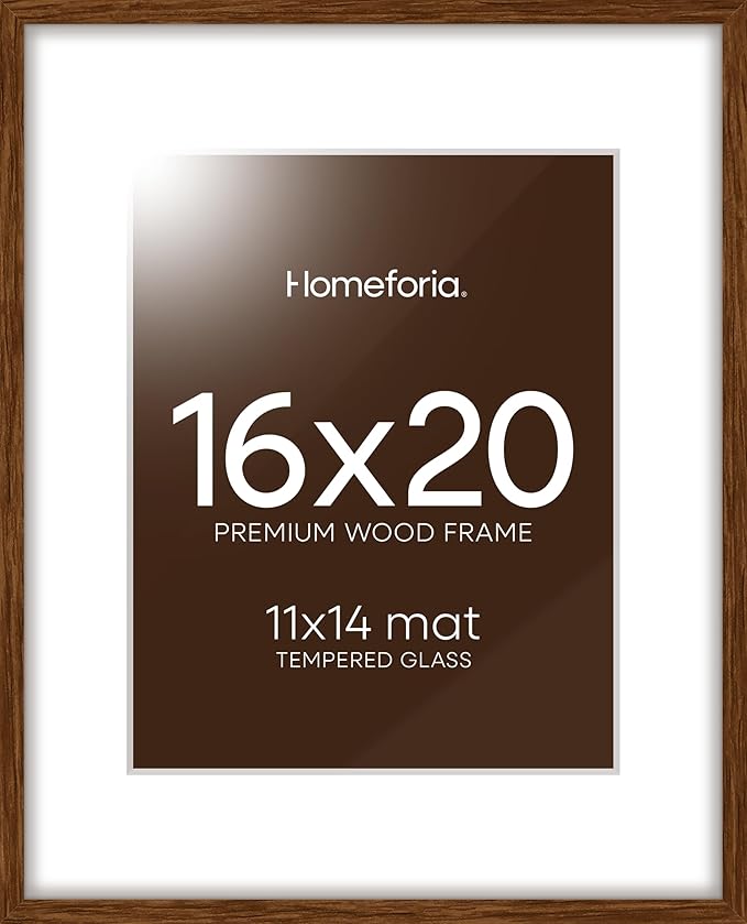 Homeforia 16x20 Picture Walnut Frame, High End Dark Oak 16x20 Wooden Brown Frames with Mat 11x14, 16 x 20 Wood Poster Frame Matted to 11 by 14, 20x16 Hanging Frames, Tempered Glass, Wall Kit, Set of 1-Ruum Studio Home