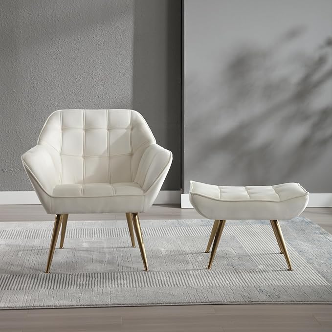 Modern Velvet Accent Chair with Ottoman Set of 2, Upholstered Lounge Chair with Footrest, Comfy Living Room Chair with Gold Legs Accent Side Chair Armchair for Small Space Bedroom, Beige-Ruum Studio Home