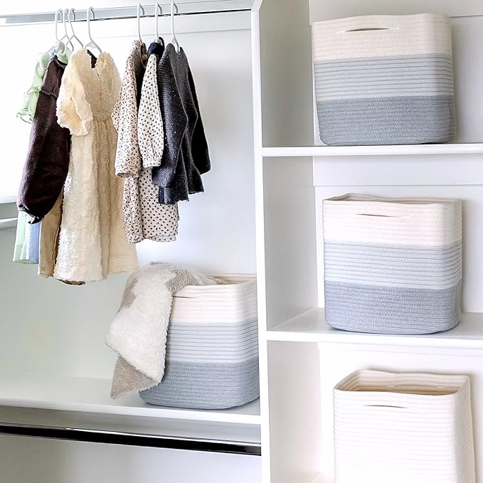 NaturalCozy Storage Cubes 11 Inch Cotton Rope Woven Baskets for Organizing, 3-Pack | Cube Storage Bin | Square Storage Baskets for Shelves Organizer, Classroom, Kids Toy Bins, Closet, Baby Nursery-Ruum Studio Home