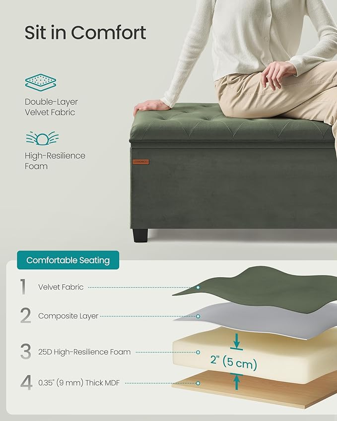 SONGMICS Velvet Storage Ottoman Bench, Foot Rest with Legs, 15.7 x 43 x 15.7 Inches, End of Bed Bench, Storage Chest, Load up to 660 lb, for Living Room, Bedroom, Entryway, Forest Green ULSF089C01-Ruum Studio Home