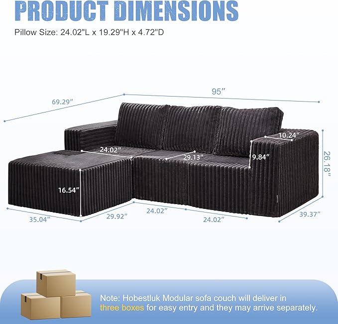 Hobestluk Modular Sectional Sofa Memory Foam Couch Oversized Sectional Sofa 3-Seater with Chaise Cloud Couch with Removable Cover L Shape Sofa for Living Room (Strip Grey, 3-Seater with Chaise)-Ruum Studio Home