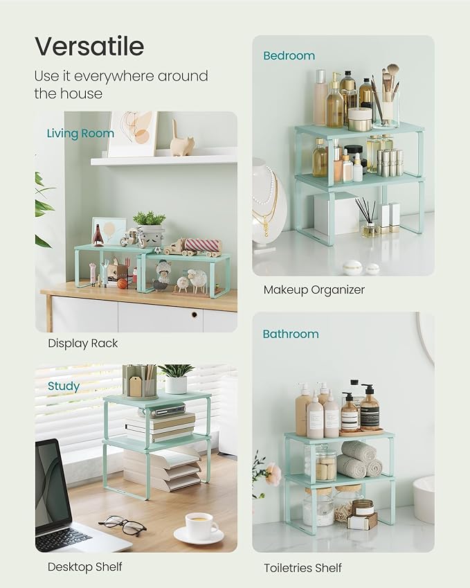 SONGMICS Cabinet Organizer Shelf, Set of 2 Kitchen Counter Shelves, Kitchen Storage, Spice Rack, Stackable, Expandable, Metal and Engineered Wood, Moonlight Green UKCS002C01-Ruum Studio Home