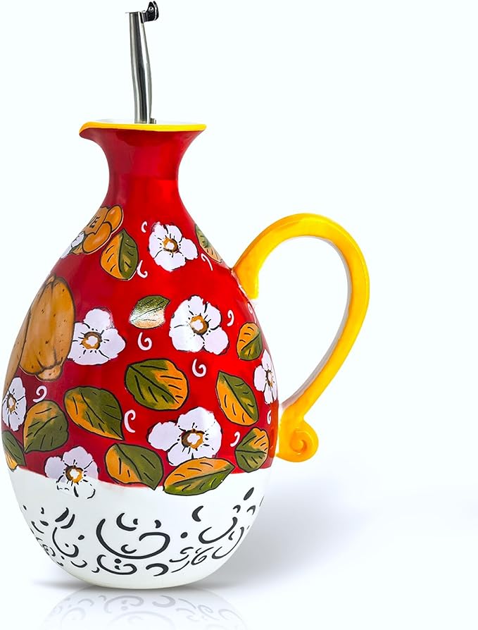 Hand-Painted Ceramic Olive Oil Dispenser Bottle – 40oz Decorative Stoneware Cruet with Stainless Steel Pour Spout – Elegant Kitchen Oil & Vinegar Container, Ideal for Coffee Syrups & More-Ruum Studio Home