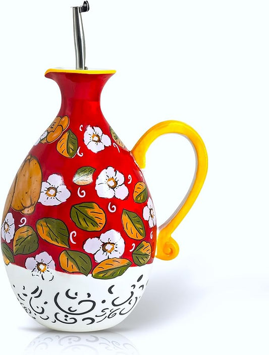 Hand-Painted Ceramic Olive Oil Dispenser Bottle – 40oz Decorative Stoneware Cruet with Stainless Steel Pour Spout – Elegant Kitchen Oil & Vinegar Container, Ideal for Coffee Syrups & More-Ruum Studio Home