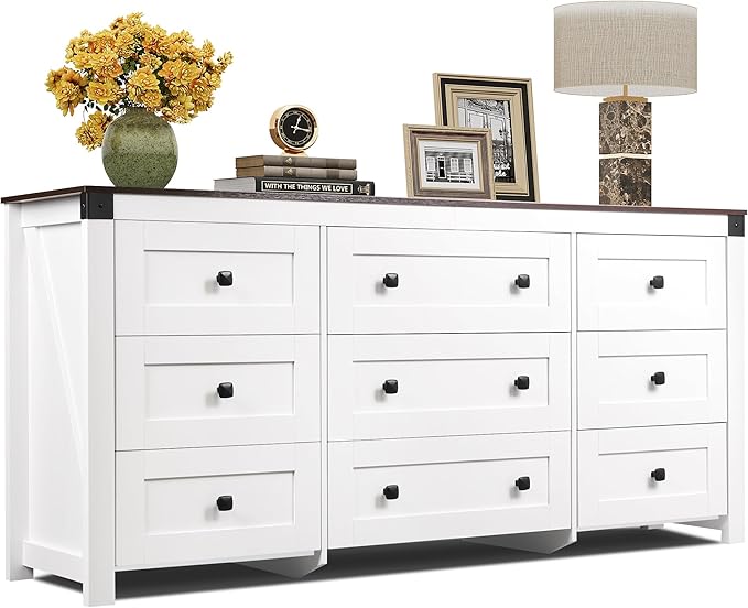 WLIVE Farmhouse Dresser for Bedroom, 63" Wide 9 Drawer Dresser Storage Organizer, Wood Chest of Drawers for Bedroom, TV Stand for 70 inch TV, for Living Room, Hallway, Ball Bearing Slide (White)-Ruum Studio Home