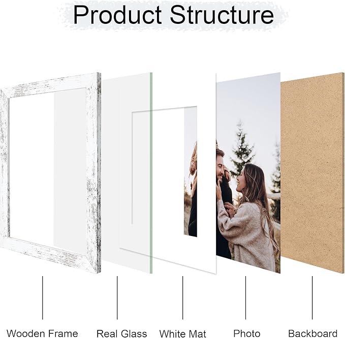 11x14 Picture Frame Set of 4, 11 x 14 Wood Photo Frames with Mat for 8x10, Rustic Natural Wooden Frame with Real Glass Cover for Wall and Tabletop Display,Distressed White-Ruum Studio Home
