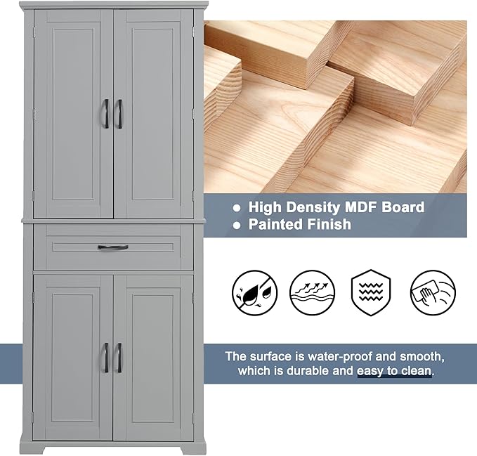 72.2" Tall Storage Cabinet with 4 Doors and Drawer, Freestanding Linen Cabinet, Wooden Pantry with Adjustable Shelf for Kitchen, Bathroom, Living Room, Grey-Ruum Studio Home