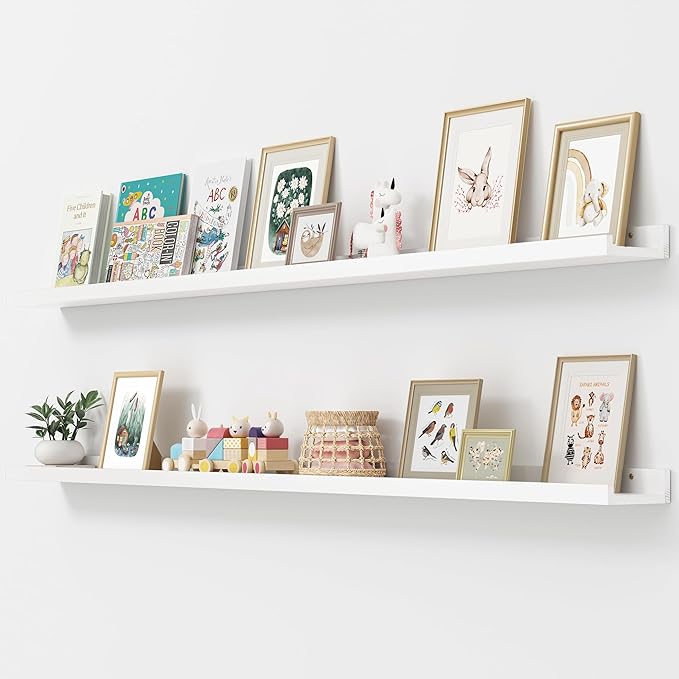 Picture Ledge Shelf, Floating Shelves Set of 2, Solid Pine Wood 72'' Long Large Nursery Book Shelves for Toys Storage, Kids Bookshelf for Living Room Bedroom Decor Books Photo Frames, White-Ruum Studio Home