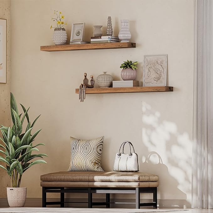 HOOBRO Floating Shelves for Wall, Wall Mounted Shelf Set of 2, 47.2" Hanging Shelf with Invisible Brackets, for Wall Bathroom, Bedroom, Toilet, Kitchen, Living Room, Office, Rustic Brown BF120BJP201-Ruum Studio Home
