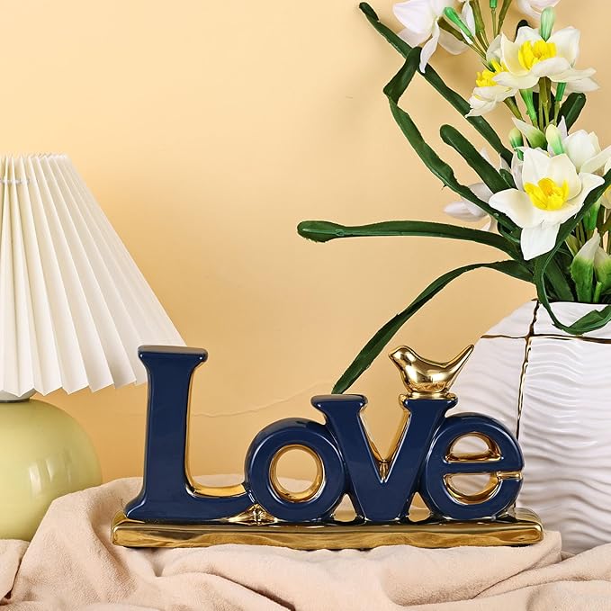 Love Sign Decoration,Blue and Gold Love Signs for Home Decor Statue,Modern Bird Sculpture Personalized Love Decor,Gold Style Figurine Decorative Ornaments for Living Room,Bedroom,Desktop,Cabinets-Ruum Studio Home