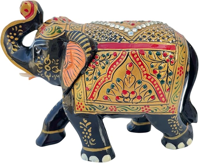 Handcrafted Wooden Elephant Figurine – Traditional Artwork, Gold & Gemstone Embellishments – Lucky Decorative Elephant Statue for Prosperity | Beautiful Elefantes Decorativos para Sala (Black & Gold)-Ruum Studio Home