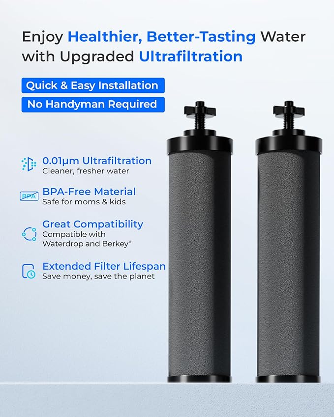 [New Upgraded Ultrafiltration] Waterdrop Black Water Filter, Replacement for Berkey® BB9-2® Black Purification Elements, Berkey® Gravity Water Filter System, 2 Pack-Ruum Studio Home