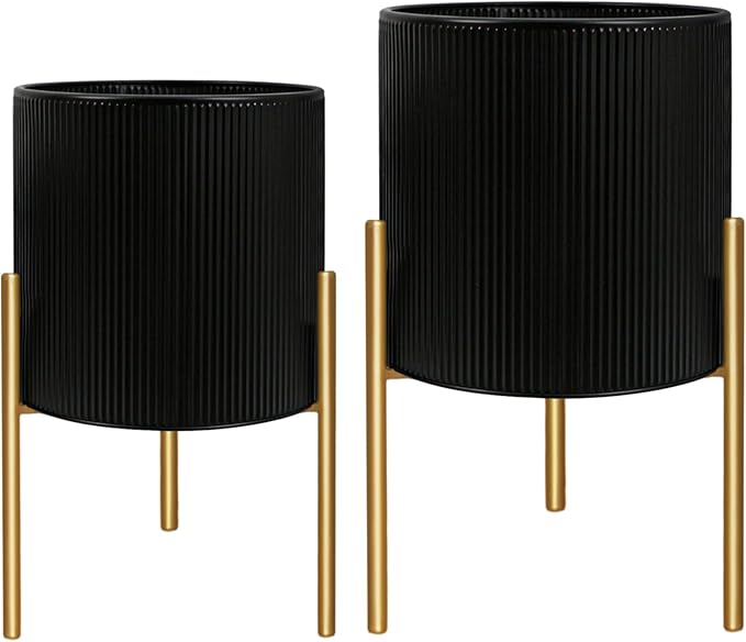 ARNIS Modern Plant Pots, Set of 2 Round Large Planters with Stand, Large Size Metal Pots with Drainage Holes for Living Room, Office, Garden or Balcony, 10.5 &12.25 Inch, Black & Gold-Ruum Studio Home