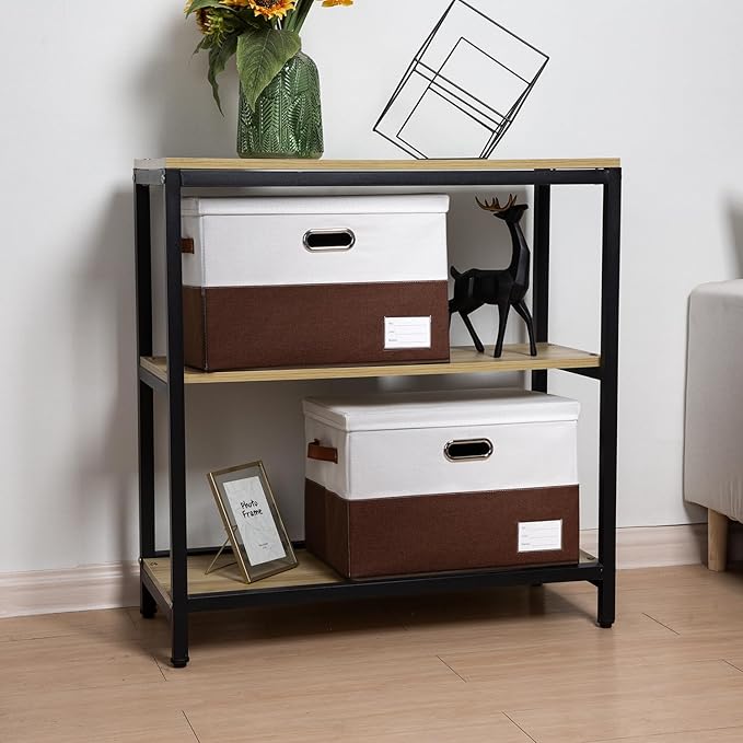 PRANDOM Foldable Storage Bins with Lids [3-Pack] Fabric Collapsible Storage Boxes Baskets Cubes Containers with Handles for Closet Living Room Bedroom (Brown & White 17.7x11.8x11.8'')-Ruum Studio Home
