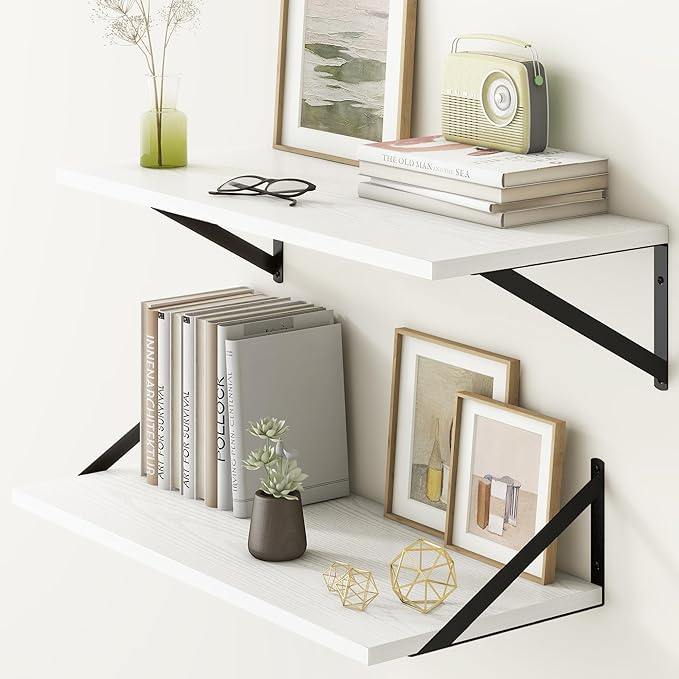 Fun Memories 27.5" W x12 D Floating Shelves, White Wall Shelf with Brackets, 12 Inch Deep Floating Shelf Set of 2, Large Storage Kitchen Living Room Bathroom Shelves, Wood Wall Mounted Shelf-Ruum Studio Home