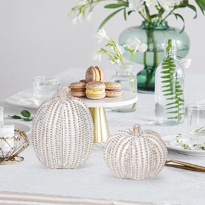 2Pcs Halloween Pumpkin Artificial Resin Pumpkins Decor for Mantel Harvest Autumn Tabletop Decoration Gold Fall Pumpkin Decorations Thanksgiving Table Centerpieces (Set A, ONE Size)-Ruum Studio Home