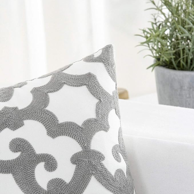HWY 50 Grey Gray Decorative Throw Pillow Covers 18x18 Inch (1 Piece), Embroidered Cotton Farmhouse Cushion Cover Pillow Case for Sofa Couch Living Room Bed, Geometric-Ruum Studio Home