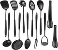 304 Stainlss Steel Matte Kitchen Utensils Set, 12 Pcs Long Metal Cooking Utensil Gadgets Tools Set with Spatula, Ladle, Spoon, Ladle, Skimmer, Tunner, Pasta Server, Tongs(Black, Dishwasher Safe)-Ruum Studio Home