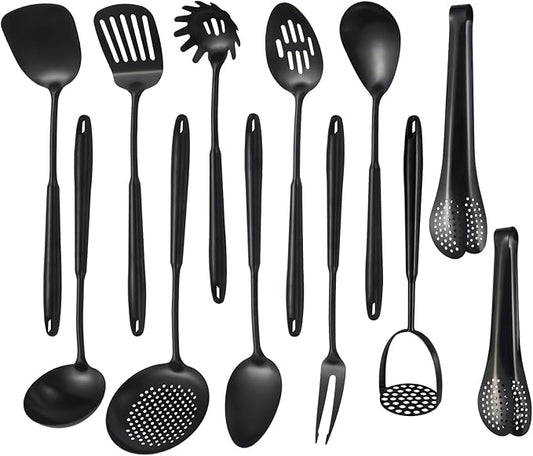 304 Stainlss Steel Matte Kitchen Utensils Set, 12 Pcs Long Metal Cooking Utensil Gadgets Tools Set with Spatula, Ladle, Spoon, Ladle, Skimmer, Tunner, Pasta Server, Tongs(Black, Dishwasher Safe)-Ruum Studio Home