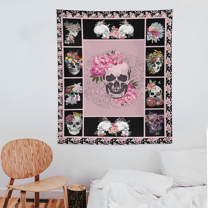 yowecso Sugar Skull Tapestry Horror Skeleton Tapestry Wall Hanging for Bedroom Rose Skull Tapestries Aesthetic Wall Decor for Home Dorm Living Room 50"x60"-Ruum Studio Home