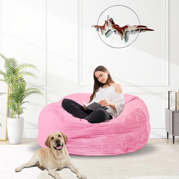 Bean Bag Chair for Adults 3FT,Soft Removable Cover for Teens/Girls Bedroom,Fluffy Giant Round Floor Beanbag Lounger Chairs (No Filler,Pink)-Ruum Studio Home